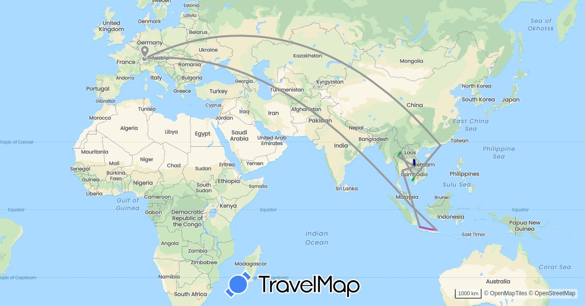 TravelMap itinerary: driving, bus, plane, train in Switzerland, China, Indonesia, Cambodia, Singapore, Thailand (Asia, Europe)
